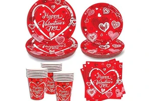 Romantic Red Heart Valentine Day Party Kit Disposable Tableware (Plates/Napkins/Cutlery) + Decorations