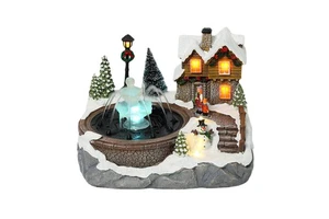 New Products Resin Christmas Village Houses LED Light up Music Snow Room Can Spray Water Luxury Christmas Gift Ornament
