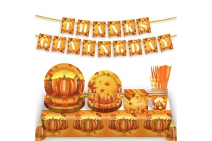 Wholesale Thanksgiving Party Supplies Banner Tableware Set Disposable Paper Plates Cups Napkins Tablecloth