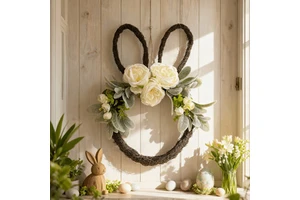 Easter Bunny Vine Door Hanging Faux Rose and Willow Leaf Wall Decor Glowing Indoor Accessories and Ornaments for Easter Wedding