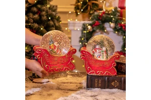 Christmas decorations: crystal balls, music boxes, Santa Claus, snowmen, snowflakes, lights, gifts
