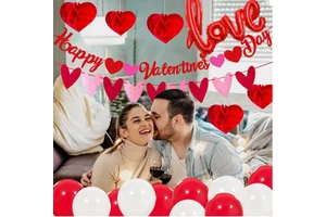 Happy Valentine's Day Banner Heart Garland Hanging Paper Honeycomb Love Foil Balloons Photo Props for Valentine's Day Room Decor