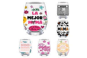 2026 New Arrivals Customizable Logo Mother's Day Pattern Sublimation Glass Stemless 12oz Wine Tumbler for Mom's Gift