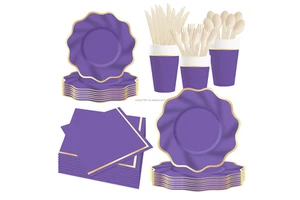 Floral-edge Custom-shaped Paper Plates Plain Color with Gold Stamping Disposable Tableware Birthday Wedding Party Decoration Set