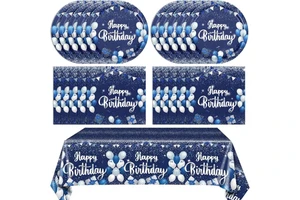 Navy Blue Sliver Happy Birthday Party Tableware Set with Paper & Plastic Plates Napkins Dinnerware-41-Piece for Men/Women/Kids