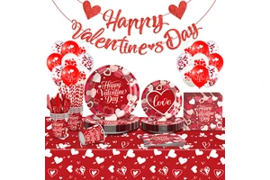 Valentine's Day Modern Disposable Biodegradable Party Tableware Set Plates Cups Banner Tablecloth for Romantic Celebration