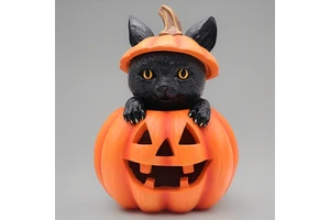 Stock Products Halloween cat Jewelry Toy Deco Scary Vintage Black Halloween cat in Pumpkin Halloween Decoration