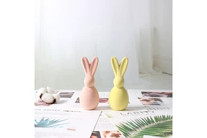 Manufacturer Easter Flocking pink Bunny Ceramic Crafts Gift Household Decor Ornaments for Festival Decor