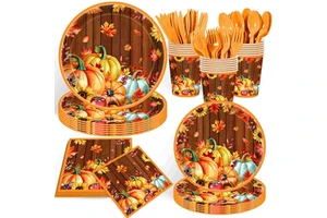 Pumpkin Maple Leaf Thanksgiving Theme Design Paper Plates Paper Cup Napkins Disposable Party Supplies Set for Holiday Dinner
