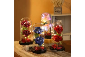 Factory Direct Sale Romantic Valentine's Day Gift Eternal Flowers Rose in Transparent Dome with Led Light for Women