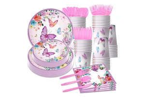 Pink Purple Butterfly Theme Children's Birthday Party Tableware Paper Plates Towels Cups Tablecloth Decoration Supplies