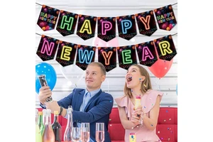 New Arrival Neon Happy New Year Hanging Swirls Banner New Year Eve Ceiling Swirls for Colorful New Year Party Supplies NYE Decor