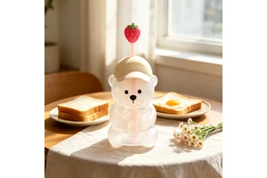 Cute Pink Strawberry Teddy Bear Glass Cup With Straw And Lid Reusable Drinking Tumbler For Gifts And Daily Use