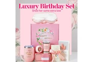 2026 Luxury Pink Birthday Spa Gift Set for Her Premium Self Care Kit with Insulated Tumbler Silk Eye Mask Scented Candle