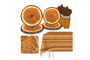JIALIN Tree Grain Printing Theme Birthday Party Supplies Adults Disposable Paper Plates with Party Decorations Supplies