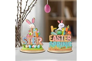 DAMAI Easter Decor Cartoon Rabbit Wooden Ornament Colorful Letter Easter Desktop Handmade Wooden Craft for Home Party Decor