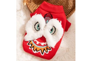 Autumn Winter Pet Clothing New Year Lion Dance Festive Two-legged Sweater German Hairless Cat Polyester Casual Knitted Thick