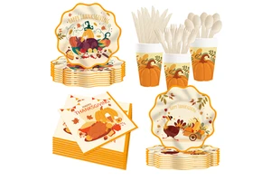 DAMAI Thanksgiving Pumpkin Turkey Theme Party Tableware Set Paper Plate Cups Napkins Thanksgiving Table Decor Party Decorations
