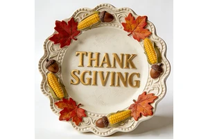 Resin Thanksgiving Decorative Plate with Maple Leaves, Corn & Acorns