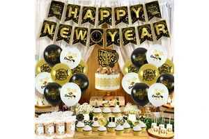 Happy New Year Theme Party Decoration Gold Decoration Supplies Balloons Pull Flag Cake Insert Fringe Special New Year's Eve