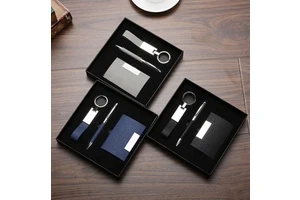 Custom LOGO PU Leather Card Holder Office Pen and Keychain Gift Set