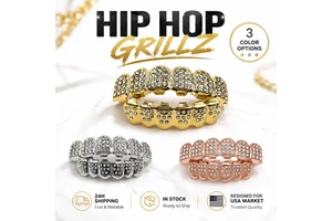 Dientes De Oro Hip Hop Iced Out 6 Teeth Grillz Brass CZ Dental Grills with Silicone Bar for Halloween Party Gift