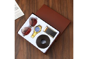 HBC Custom Business Gift Set for Men Exquisite Sunglasses Stainless Steel Watch Leather Belt Belt Buckle for Father's Day