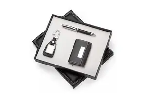Leather Pen Gift Set Gloss Black Gold Trim Pen with Card Holder Keychain Elegant Gift Box
