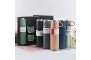 Custom Logo Double Wall Vacuum Flask Set Multi Color Stainless Steel Thermos Water Bottle Business Gift Set With Mug