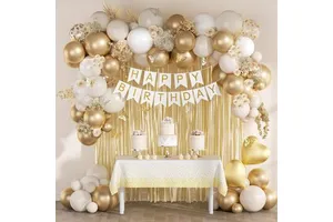 White Golden Birthday Party Decorations with Birthday Banner Fringe Curtain for Happy Birthday Decorations for Women Adults