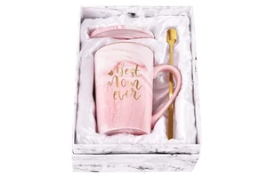 Mother Day Gifts 2021 New Arrivals Wholesale Custom logo Luxury pink Ceramic Mothers Day Mugs with Lid Mugs for Mother Gift