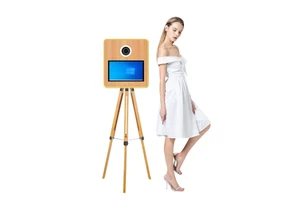 Vintage Wooden Instant Print Photo Booth with 15.6 Inch LCD Touch Screen for Camera & Smartphones Parties & Events
