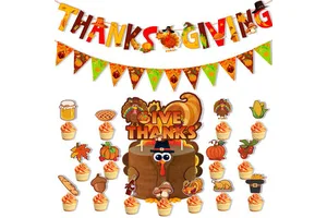 Ychon Thanksgiving Day Give Thanks Banner With Cupcake Toppers Fall Season Thanksgiving Party Supplies Decoration