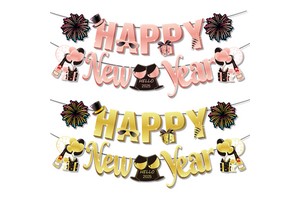 2027 Black Rose Gold Firework Happy New Year Banner Paper Bunting Hanging Garland for New Year Theme Party Decoration NYE Sign