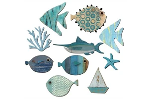 Fish Wall Decor Wood Beach Theme Bathroom Decor Wooden Nautical Coastal Pictures Home Hanging Wall Art Gifts, Not 3D Pattern