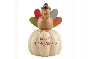 Factory Price Small MOQ Resin Crafts WHITE PUMPKIN W/TURKEY-HAPPY THANKSGIVING