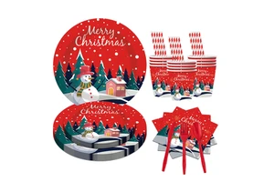 Christmas Disposable Snowman Tableware Set for Holiday Party Decorations Including Paper Plate Cups Thanksgiving Mother's Day
