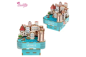 Mechanical Venetian 3D DIY Wooden Puzzle Music Box Rotating Boat, STEM Building Toy & Desk Decor for Adults Teens