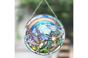 Art Deco Stained Glass Hummingbird Suncatcher Snow Mountain Lily Valley New Year Home Decor for Holiday Christmas Gifts