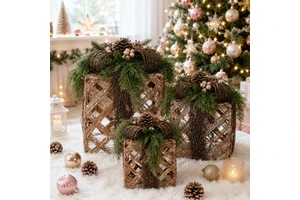 Christmas Hot Sale Items Decor High Quality New Vine Rattan Box with Light Set Decor for Xmas Home Supplier