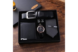 Promotional Wholesale Gift Set Belt + Wallet + Tie + Large Dial Quartz Watch for Father's Day and Company Gifts