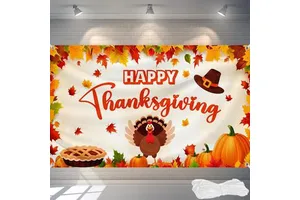 Happy Thanksgiving Backdrop 72x44 Inch with Ribbon Fall Pumpkin, Turkey & Maple Leaves with 4 Grommets for Autumn Party