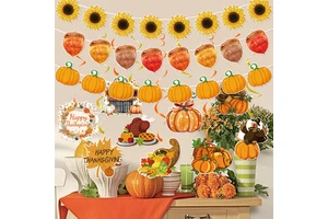 Thanksgiving Decorations Banner Autumn Pumpkin Garland Sunflower Maple Leaf Nuts Turkey Corn Banner