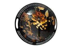 Round Metal Decorative Tray With Gold Floral Pattern Art Deco Design Black Base Handle For Home Decor Wholesale decorative tray