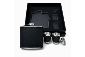 USA Warehouse 6oz Stainless Steel Black W/silver Laserable Leather Hip Flask Gift Set Gifts For Men, Dad, Groomsmen's Gift
