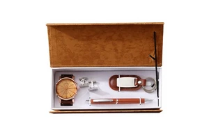 6 Pcs/set Men's Gift Set PU Material Quartz Watch Sunglasses Ballpoint Pen Keychain Necklace Decoration Father's Day M2885