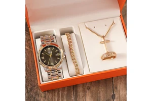 Promotional 4-Piece Set Men's Summer New Trending Stainless Steel Silver Plated Watch Bracelet Necklace Ring Gift Set