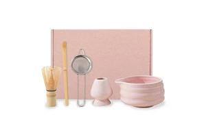 Japanese Pink Matcha Tea Whisk Set With Porcelain Bowl Bamboo Whisk Eco-Friendly Handmade Ceremony Kit Custom Japandi Design