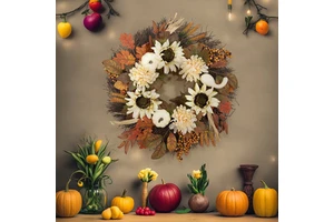 New Product Autumn Thanksgiving White Pumpkin Wreath Harvest Festival Sunflower Maple Leaf Flower Wreath Door Decoration