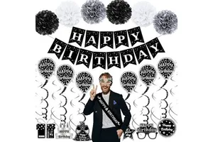 Black White Birthday Decorations Happy Birthday Banner Sash Pompoms Hanging Swirl Set for 18th 21st 30th Birthday Party Supplies